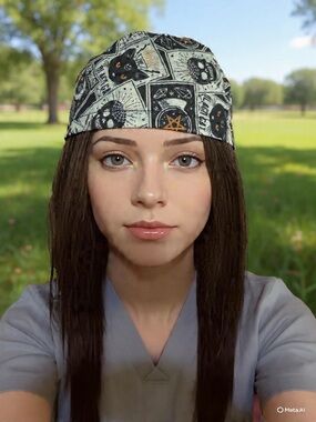 Handmade Black Cat  & Skull Print Scrub Cap/ Nurse Hat